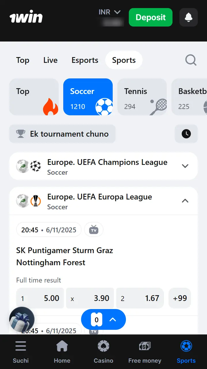 Find the match you need and launch in the 1win app.