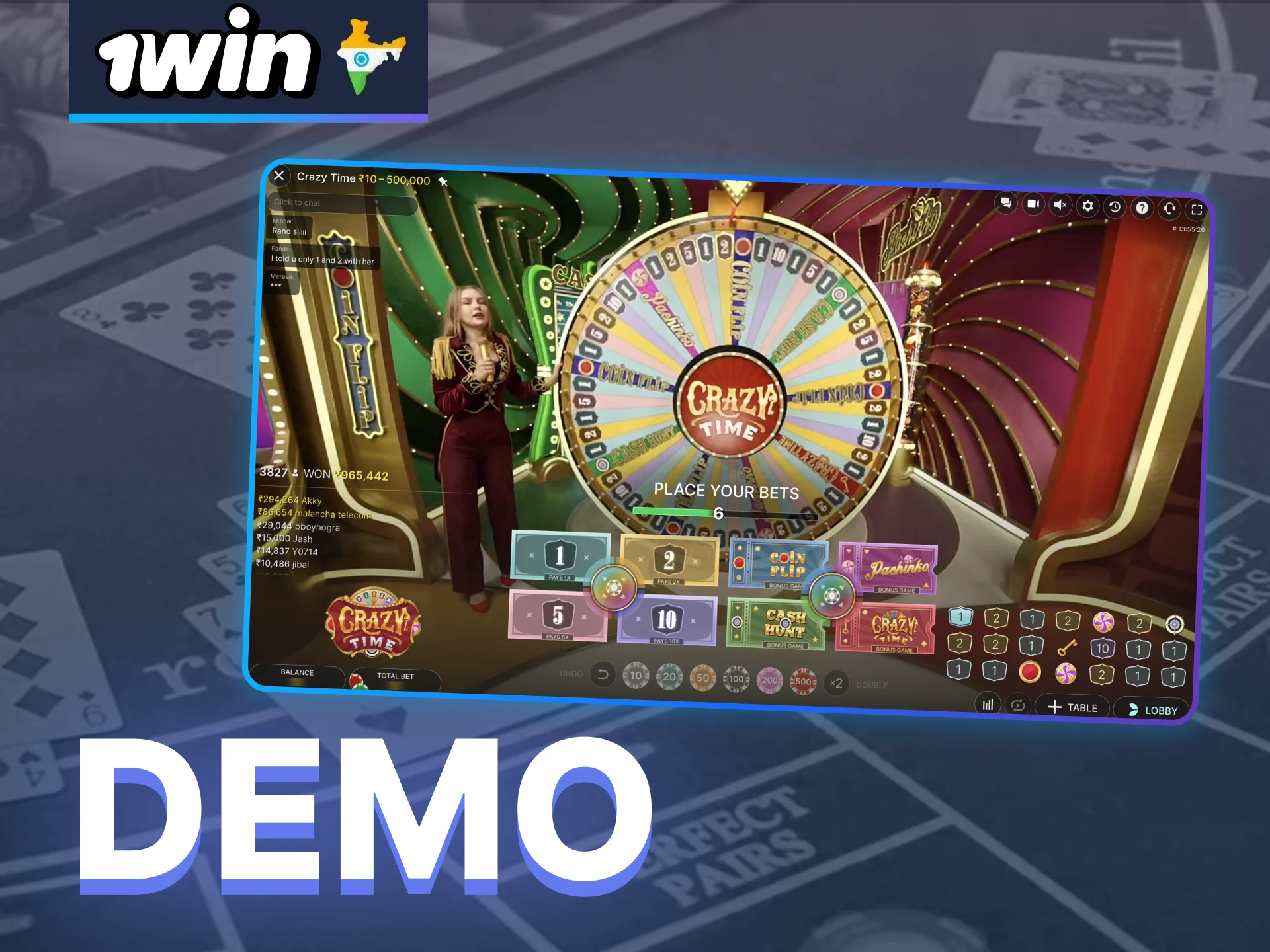 Get practice playing Crazy Time at 1win with the demo version of the game.